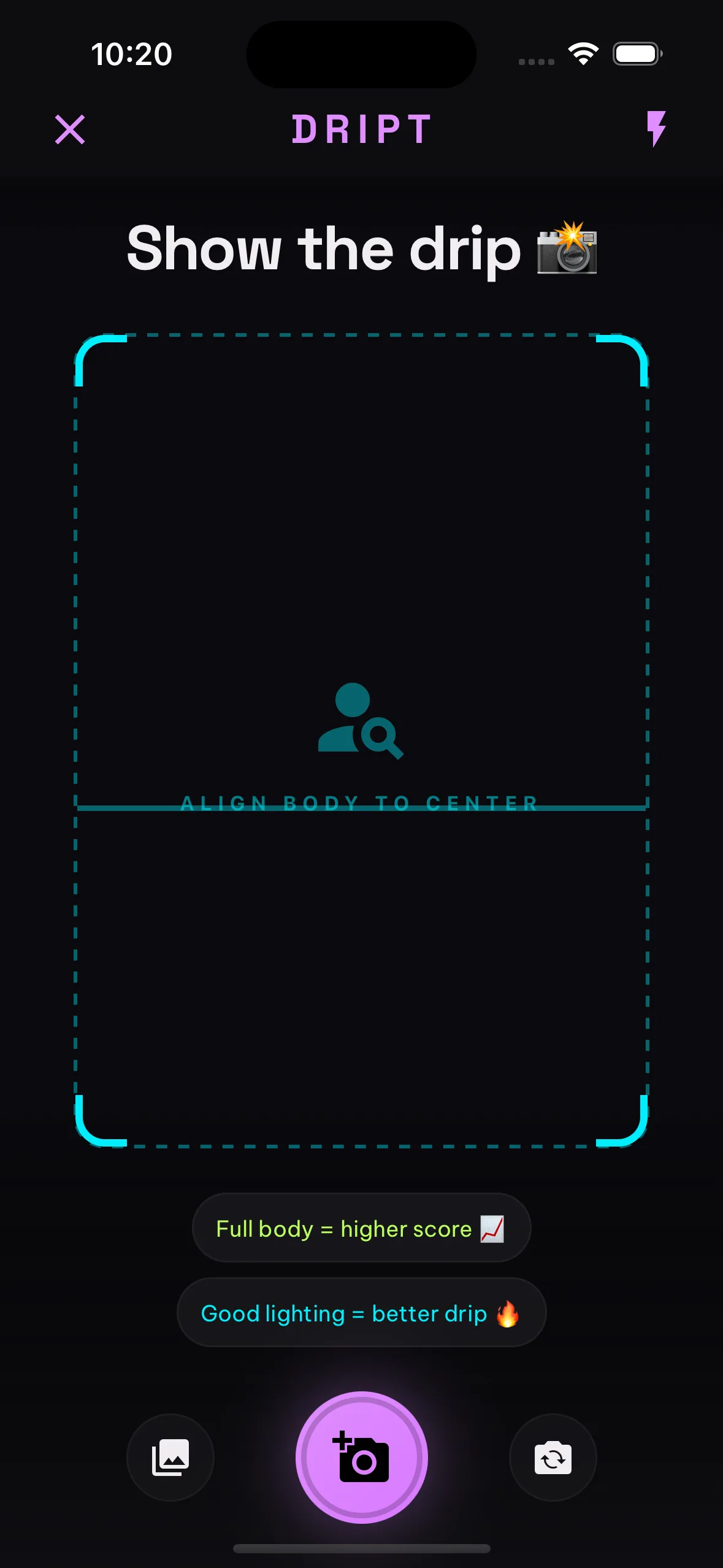 DRIPT scan screen — align body to center, full body = higher score